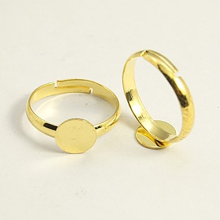 Golden Color Adjustable Brass Ring Components, Pad Ring Findings, For Jewelry Making, Lead Free and Cadmium Free, Size: about 3mm wide, 17mm inner diameter, Tray: 8mm in diameter
