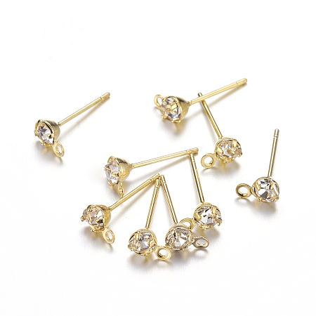 ARRICRAFT Brass Post Earring Findings, with Loop and Rhinestone, Golden, about 4mm wide, 15mm long, hole: 0.5mm, Pin: 0.8mm