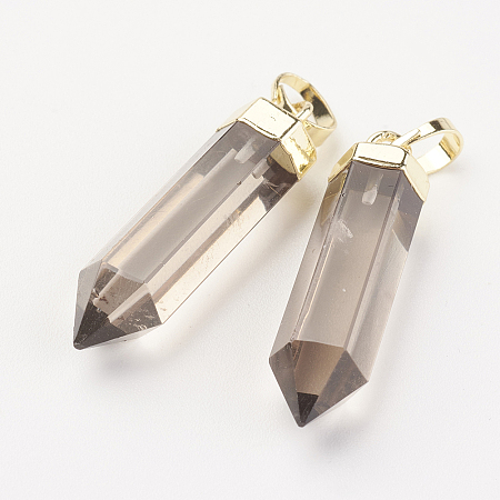 Honeyhandy Natural Smoky Quartz Pointed Pendants, with Brass Findings, Bullet, Golden, 28~29x6~7mm, Hole: 4x6mm
