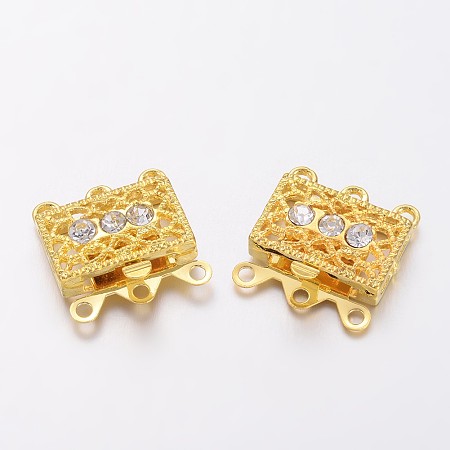 Golden Tone Brass Rhinestone Clasps, Filigree Box Clasps, about 18mm wide, 17mm long, 7mm thick; hole: 1.5mm