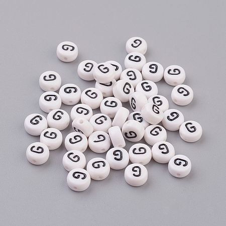 Honeyhandy Flat Round with Letter G Acrylic Beads, with Horizontal Hole, White & Black, Size: about 7mm in diameter, 4mm thick, hole: 1mm