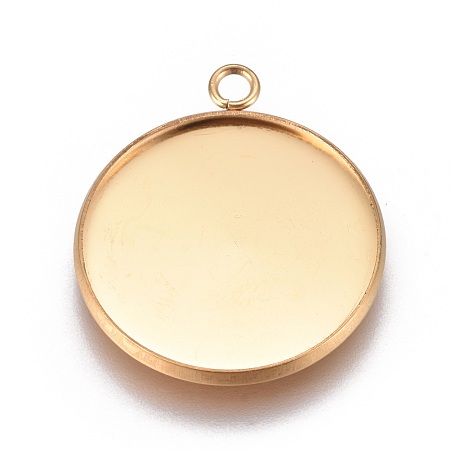 Honeyhandy Ion Plating(IP) 304 Stainless Steel Pendant Cabochon Settings, Plain Edge Bezel Cups, Flat Round, Golden, Tray: 22mm, 27.5x23.8x2mm, Hole: 2.2mm