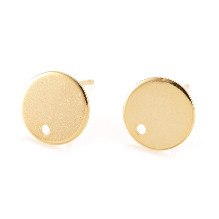 Honeyhandy Flat Plate 201 Stainless Steel Stud Earring Findings, with 304 Stainless Steel Pin, Flat Round, Real 24K Gold Plated, 10x0.8mm, Hole: 1.5mm, Pin: 0.8mm