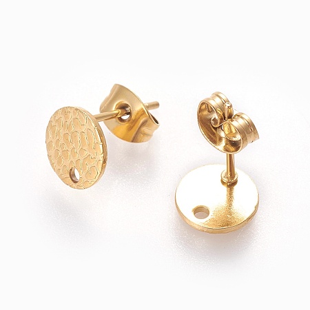 Honeyhandy Ion Plating(IP) 304 Stainless Steel Ear Stud Findings, with Ear Nuts/Earring Backs and Hole, Textured Flat Round with Spot Lines, Golden, 8mm, Hole: 1.2mm, Pin: 0.8mm