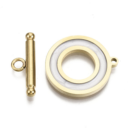 Honeyhandy 201 Stainless Steel Toggle Clasps, with Enamel, Ring, Real 18K Gold Plated, White, Ring: 22x20x2mm, Hole: 1.5mm, Bar: 21x7x3mm, Hole: 2mm