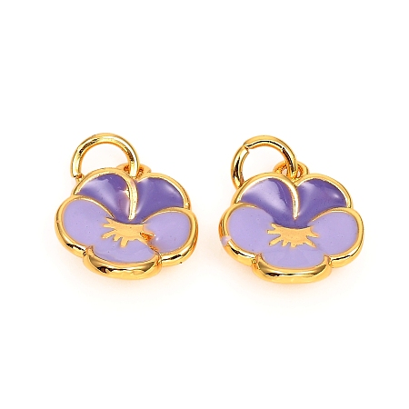 Honeyhandy Brass Enamel Charms, Long-Lasting Plated, Flower, Real 18K Gold Plated, Lilac, 12x10.5x3.5mm, Hole: 3mm
