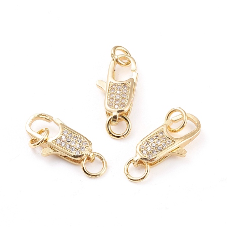 Honeyhandy Brass Micro Pave Clear Cubic Zirconia Lobster Claw Clasp, with Jump Rings, Long-Lasting Plated, Real 18K Gold Plated, 16x8x4mm, Hole: 3.2mm