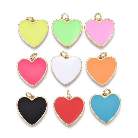 Honeyhandy Brass Enamel Pendants, with Jump Rings, Long-Lasting Plated, Real 18K Gold Plated, Heart, Mixed Color, 17x17x2mm, Jump Rings: 5x1mm, Inner Diameter: 3mm