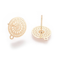 Honeyhandy Brass Stud Earring Findings, with Loop, Flat Round, Nickel Free, Real 18K Gold Plated, 14x12mm, Hole: 1.4mm, pin: 0.6mm