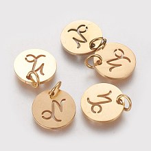 Honeyhandy 304 Stainless Steel Pendants, with Jump Ring, Laser Cut, Flat Round with Constellation/Zodiac Sign, Golden, Capricorn, 12x1mm, Hole: 3mm