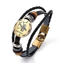 Honeyhandy Braided Leather Cord Retro Multi-strand Bracelets, with Wood Beads, Hematite Beads and Alloy Findings, Flat Round,  Antique Bronze, Sagittarius, 8-1/4 inch(21cm)