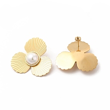 Honeyhandy Flower Ion Plating(IP) 304 Stainless Steel Stud Earrings, Plastic Imitation Pearl Earrings for Women, Golden, 36x37.5mm, Pin: 0.8mm