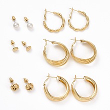 ARRICRAFT Ring & Heart & Knot & Round Imitation Pearl Stud Earrings, Open Hoop Earrings for Women, Golden, 7.5~33x4~12.5mm, Pin: 0.8mm, 6 pairs/set