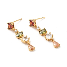 Honeyhandy Colorful Cubic Zirconia Chain Dangle Stud Earrings, Brass Jewelry for Women, Cadmium Free & Nickel Free & Lead Free, Real 18K Gold Plated, 35mm, Pin: 0.7mm