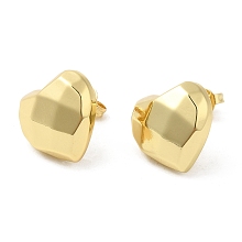 Honeyhandy Brass Faceted Heart Stud Earrings for Women, Real 16K Gold Plated, 14x15mm