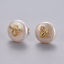 Honeyhandy Natural Pearl Stud Earrings, with Brass Micro Pave Cubic Zirconia Findings, Flat Round with Bees, Long-Lasting Plated, with Ear Nuts, Golden, Clear, 13~15mm, Pin: 0.8mm