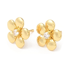 Honeyhandy Brass Flower Stud Earrings with Clear Cubic Zirconia, Lead Free & Cadmium Free, Real 18K Gold Plated, 13x13.5mm