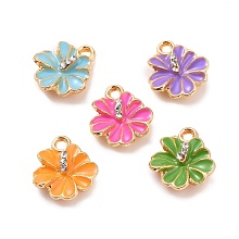 Honeyhandy Alloy Enamel Pendants, with Rhinestone, Flower Charm, Golden, Mixed Color, 14x12.5x4mm, Hole: 2mm