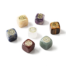 Honeyhandy 7Pcs 7 Styles Natural Mixed Stone Beads, with Long-Lasting Plated Golden Tone Brass Chakra Pattern Slices, Lead Free & Cadmium Free, No Hole, Cube, 15.5~18x15~17x14.5~17mm, 1pc/style