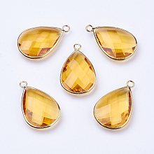 Honeyhandy Golden Tone Brass Glass Teardrop Pendants, Faceted, Yellow, 18x10x5mm, Hole: 2mm