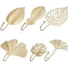 SUPERFINDINGS 6Pcs 6 Styles Iron Decorative Wall Hooks Coat Hanger Hooks Gold Leaf Hooks for Keys, Coats, Robe, Bags, Home, Kitchen