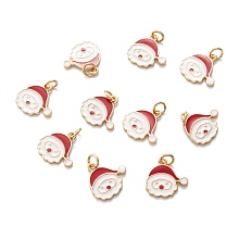 ARRICRAFT Real 18K Gold Plated Brass Enamel Charms, with Jump Ring, for Christmas, Santa Claus, Red, 14x14x1.5mm, Hole: 3.4mm