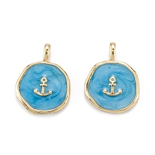 Honeyhandy Brass Enamel Pendants, with Jump Rings, Long-Lasting Plated, Flat Round with Anchor, Deep Sky Blue, Real 18K Gold Plated, 18x14x2mm, Hole: 4x2.5mm