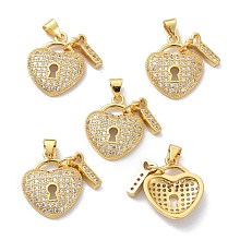 Honeyhandy Brass Cubic Zirconia Pendants, Long-Lasting Plated, Lead Free & Cadmium Free, Real 18K Gold Plated, Heart Lock and Key, Clear, 20x16x3.5mm, Hole: 3.5x4mm