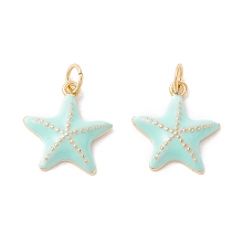 Honeyhandy Rack Plating Brass Enamel  Pendants, Long-Lasting Plated, Real 18K Gold Plated, Cadmium Free & Nickel Free & Lead Free, Starfish, Light Cyan, 16x15x3.5mm, Jump Ring: 5x0.7mm, 3mm Inner Diameter