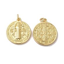 Honeyhandy Eco-Friendly Rack Plating Brass Pendants, Long-Lasting Plated, Lead Free & Cadmium Free, Flat Round with Cssml Ndsmd Cross God Father Religious Christianity, Real 18K Gold Plated, 23x20x2mm, Hole: 3mm