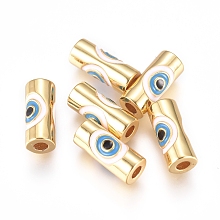 Honeyhandy Brass Enamel Beads, Column with Evil Eye, Golden, Colorful, 10x4.5mm, Hole: 1.8mm