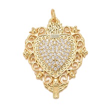 Honeyhandy Rack Plating Brass Micro Pave Clear Cubic Zirconia Pendants, Cadmium Free & Nickel Free & Lead Free, Long-Lasting Plated, with Jump Ring, Heart, Real 18K Gold Plated, 31x24x2.5mm, Jump Ring: 5x0.5mm, Inner diameter: 3.5mm