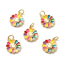 Honeyhandy Rack Plating Brass Pendants, Cadmium Free & Lead Free & Nickle Free, with Enamel and Jump Ring, Real 18K Gold Plated, Flower with Smiling Face, Colorful, 14x12x1.5mm, Jump Ring: 5x0.6mm, Inner Diameter: 3mm