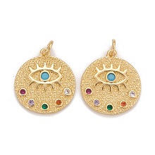 Honeyhandy Brass Micro Pave Colorful Cubic Zirconia Pendants, Cadmium Free & Nickel Free & Lead Free, Flat Round with Eyes, Real 18K Gold Plated, 20x18x2mm, Jump Ring: 5x1mm, Inner Diameter: 3.5mm.