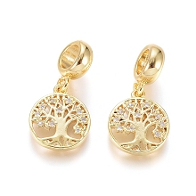 Honeyhandy Brass Micro Pave Clear Cubic Zirconia European Dangle Charms, Large Hole Pendants, Flat Round with Tree of Life, Golden, 23mm, Hole: 5mm, Flat Round: 14x12x2mm