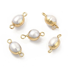 Honeyhandy Natural Pearl Connector Charms, Oval Links, with Brass Double Loops, Light Gold, 17~18x8~9mm, Hole: 1.6~1.8mm