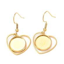 Honeyhandy 201 Stainless Steel Earring Hooks, with Flat Round Cabochon Settings, Heart, Golden, Tray: 12mm, 37mm, Pin: 0.6mm