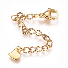 Honeyhandy 304 Stainless Steel Chain Extender, with Lobster Claw Clasps and Charms, Heart, Golden, 68mm, Link: 4x3x0.4mm, Clasp: 9.2x6.2x3.3mm