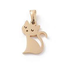 Honeyhandy Vacuum Plating 304 Stainless Steel Pendants, Laser Cut, Cat Charms, Golden, 16.5x12x1mm, Hole: 2.5x4.5mm