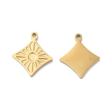 Honeyhandy Ion Plating(IP) 316L Surgical Stainless Steel Charms, Rhombus with Sun Charm, Textured, Real 18K Gold Plated, 11.8x10x1mm, Hole: 1mm