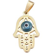 UNICRAFTALE About 10pcs 304 Stainless Steel Pendants with Glass Evil Eye Hamsa Hand Hand of Fatima Hand of Miriam Golden Color Charms for DIY Jewelry Making 24.5x15x4mm