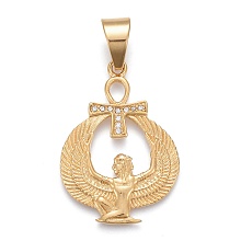 Honeyhandy 304 Stainless Steel Pendants, with Clear Micro Pave Cubic Zirconia, Religion, Winged Goddess with Ankh Cross, Golden, 40.5x28.5x2.5mm, Hole: 8x11mm