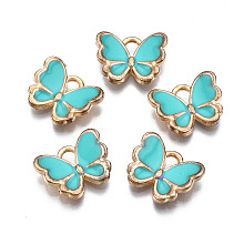 Honeyhandy Alloy Enamel Charms, Butterfly, Light Gold, Dark Turquoise, 10.5x13x3mm, Hole: 2mm