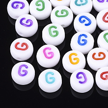 Honeyhandy Initial Acrylic Beads, Horizontal Hole, Flat Round, Mixed Color, Letter.G, 7x3.5~4mm, Hole: 1.2mm, about 370pcs/50g