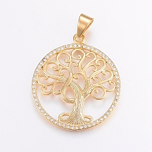 Honeyhandy 304 Stainless Steel Big Pendants, with Rhinestone, Flat Round with Tree of Life, Golden, 52x45.5x4mm, Hole: 11x8mm