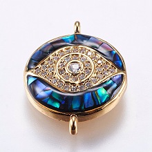 Honeyhandy Brass Micro Pave Cubic Zirconia Links, with Abalone Shell/Paua Shell, Evil Eye, Golden, 19~20x14.5x4mm, Hole: 1mm