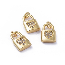 Honeyhandy Brass Micro Pave Cubic Zirconia Pendants, with Jump Rings, Long-Lasting Plated, Lock with Heart, for Valentine's Day, Clear, Golden, 15x10x3.5mm, Hole: 3mm