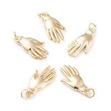 Honeyhandy Brass Pendants, with Jump Rings, Long-Lasting Plated, Hand, Real 18K Gold Plated, 20x10x2.8mm, Hole: 2.8mm