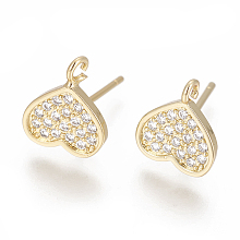 Honeyhandy Brass Stud Earring Findings, with Cubic Zirconia and Loop, Heart, Clear, Golden, 10x9mm, Hole: 1.2mm, Pin: 0.8mm