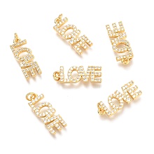 Honeyhandy Brass Micro Pave Clear Cubic Zirconia Pendants, with Jump Rings, Word Love, Real 18K Gold Plated, 18.6x7x1.9mm, Hole: 2.4mm